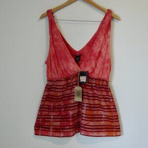 Lucky Brand Babydoll Top Boho Sleeveless V-neck Pink Red Orange NEW NWT Large